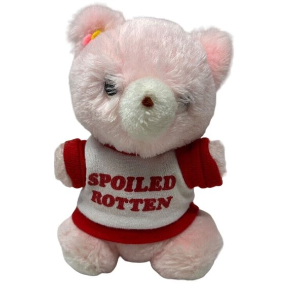 Gund Luv Me Pink Bear Plush Rattle 6 Inch Spoiled Rotten Shirt Felt Flowers Vtg - Picture 1 of 11
